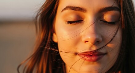 Woman Smiling with Eyes Closed in Golden Sunset Light, Concept of Hope and Freedom