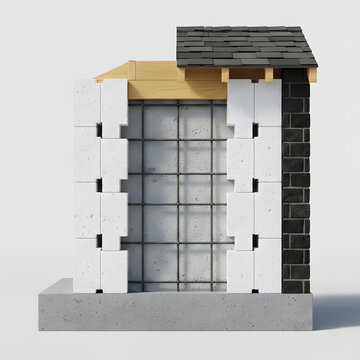 A 3D cross-section diagram showcasing insulated concrete forms with rebar reinforcement, wooden lintel, and a dark shingled roof section. Generative AI.