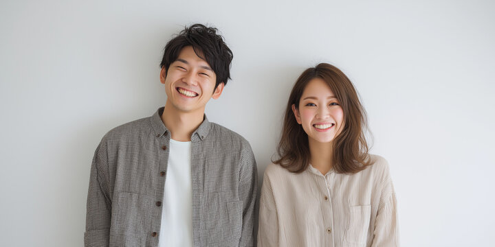 Young Happy Smiling Couple With Bright Straight Teeth Standing Against White Background