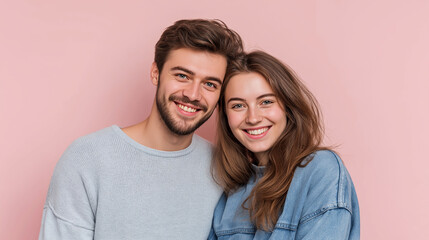 Fototapeta premium Happy Young Couple Standing Close Together Smiling Warmly Against A Pastel Pink Background
