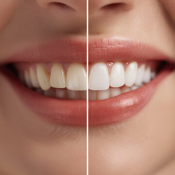 Teeth Whitening Before And After Close-Up Split-Screen Smile Comparison Showing Dental Transformation