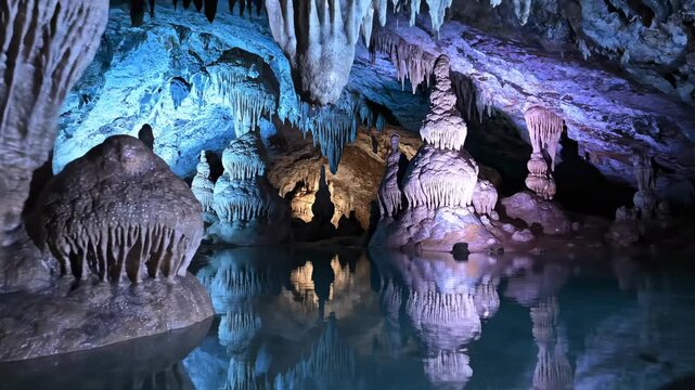 Stunning Cave Formations Reflected in Calm Water.