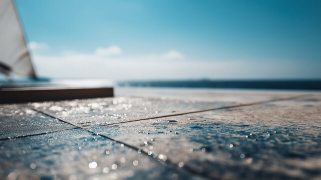 Sunlit Wet Pool Deck With Sea View and Bokeh Highlights, Shallow Focus Background for Copy Space