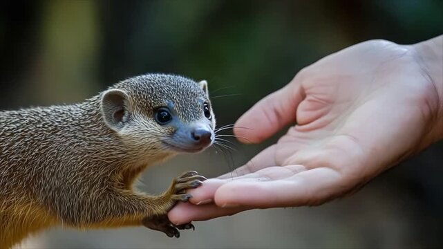 Human hand interacting with a small javan mongoose. Trust and bond between human and wild animal. Wildlife conservation concept.