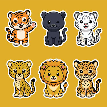 Cute Cartoon Big Cats Sticker Set.