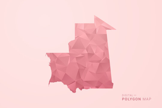 Mauritania Map - Polygon Style Vector Illustration in Soft Pink Valentine Theme, Low Poly Geometric Design, Isolated on Pastel Background.