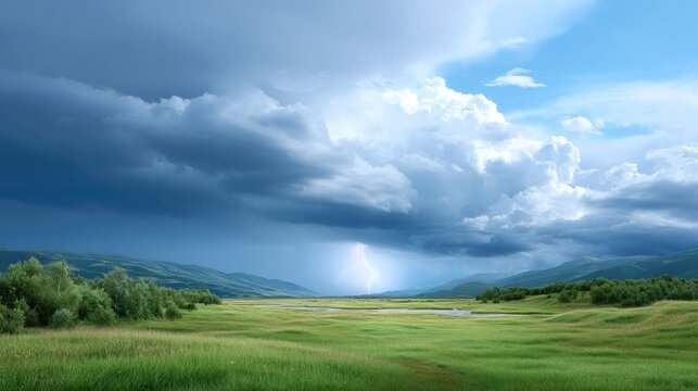 Dramatic Thunderstorm Over Serene Green Meadow Under Bright Blue Sky with Rolling Clouds and Distant Lightning Strikes