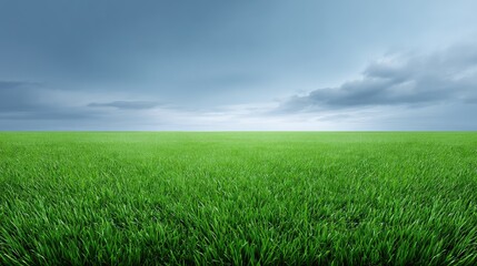 Fototapeta premium Lush Green Grass Field Under Dramatic Sky with Gray Clouds and Soft Light Mood