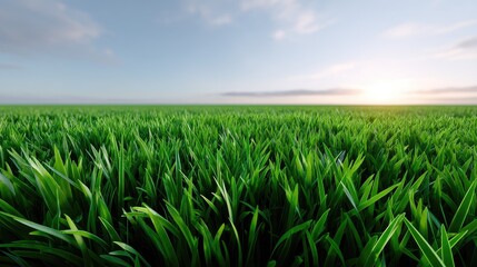 Obraz premium Lush Green Grass Field Under a Clear Blue Sky With Soft Clouds and a Bright Horizon at Sunrise or Sunset