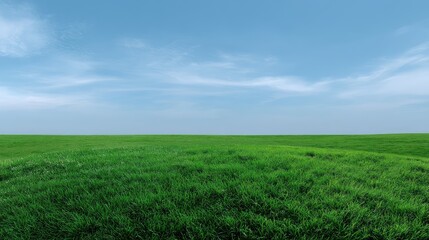 Obraz premium Lush Green Grassy Landscape Under Bright Blue Sky with Soft White Clouds at Horizon on a Clear Day