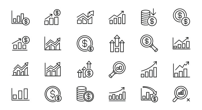 Collection of line art icons illustrating financial growth, market analysis, business strategy, and economic indicators.