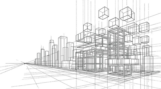 Professional black vector architecture wireframe of a modular city skyline with floating geometric cubes and urban grid