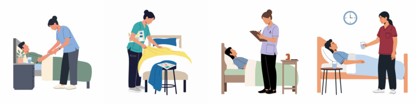 Nurses providing essential patient care services: Illustrations depicting medical assistance, comfort, and routine health checks.