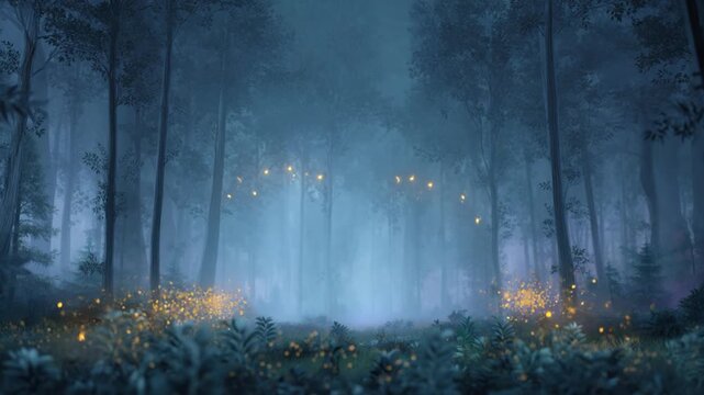 Mystical forest foggy woodland fantasy landscape in blue mist with firefly light and glowing insect night scene dreamy atmosphere magical nature enchanted clearing ethereal misty fairytale scene