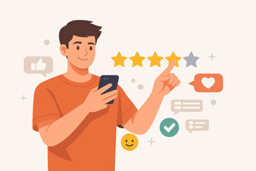 Obraz premium Young Man Giving Online Star Rating with Smartphone, Customer Review and Feedback Concept, User Experience Satisfaction, Mobile App Service Evaluation, Flat Vector Illustration for Business Marketing