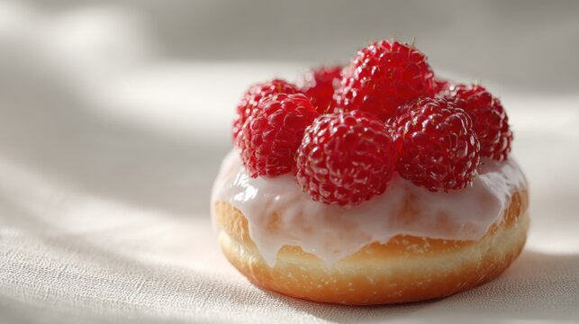 Close-up of a delicious glazed donut topped with fresh red raspberries on a soft fabric surface