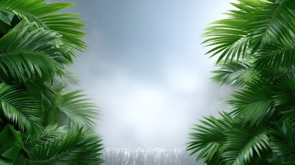 Lush Green Tropical Plants Framing a Serene Misty Background for Nature and Meditation Concepts