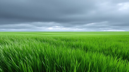 Obraz premium Lush Green Grass Field Under Dramatic Cloudy Sky with Rolling Hills and Vibrant Nature in Scenic Landscape View