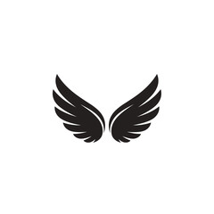 Fototapeta premium Black graphic of two symmetrical wings, each fanning outward from a central point. Wings are layered