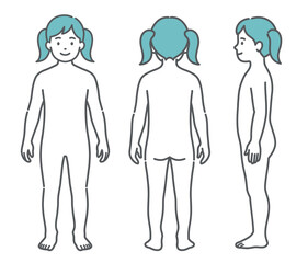 女の子（子供）の人体図・全身モデルのイラストセット（正面・背面・側面）