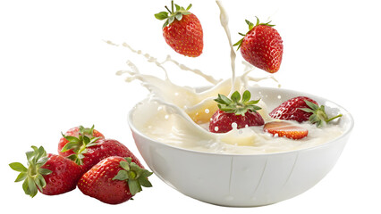 Fresh strawberries falling into yogurt bowl