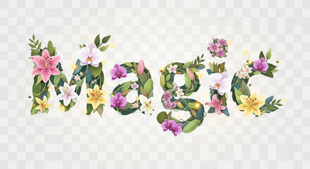 Vibrant floral typography spelling 'mystic' with colorful flowers and leaves on transparent background © Mehran