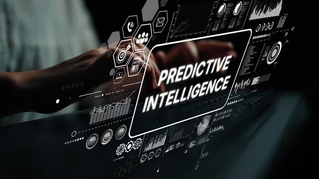 Hands Typing on Keyboard with Digital Interface Illustrating Predictive Intelligence and Data Analytics Concepts. Asymptotic smart data analytic.