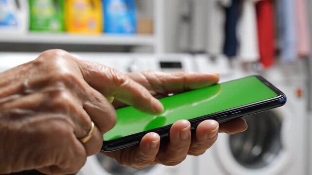 Close-up of an elderly person's hands using a smartphone with a green screen in a laundry room setting.