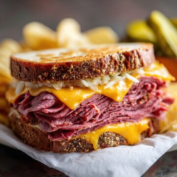 Delicious Reuben Sandwich with Melted Cheese, Sauerkraut, and Rye Bread, Close-Up.