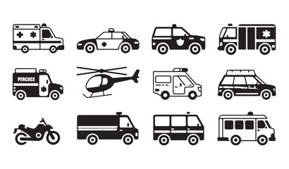 Fototapeta premium Emergency services vehicles icon set ambulance police car rescue helicopter fire truck vector silhouette