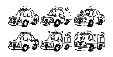 Funny cartoon police car ambulance and fire truck with smiling faces and sirens © MDABDUR