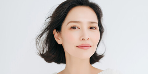 50代, 女性, 美容, スキンケア, 化粧品, 美肌, エイジングケア, 若々しさ, 健康的, 自然体, 日本人, アジア人, 美容医療, 保湿, 美白, ツヤ肌, ナチュラルメイク, フェイシャルケア, 美容液, クリーム, マスク, リフトアップ, シワ改善, ハリ肌, エステ, 美容クリニック, 笑顔, クローズアップ, ポートレート, リラックス, ヘルシーライフスタイル, アンチエイジ