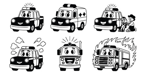 Funny cartoon police car ambulance and fire truck with smiling faces and sirens © MDABDUR