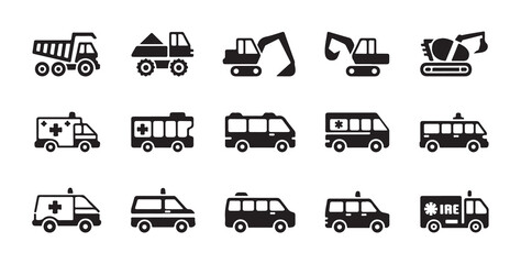 Collection of construction and emergency vehicles icons on white background © MDABDUR