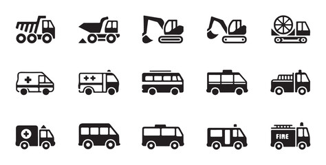 Variety of construction and emergency vehicle icons in black and white © MDABDUR