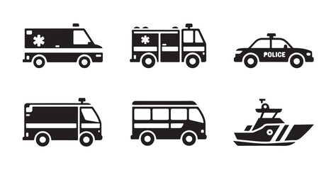 Emergency services vehicle icons set including police car ambulance fire truck and rescue boat © MDABDUR