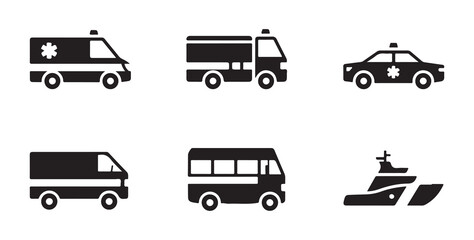 Minimalist emergency transport icons with ambulance police car and utility vehicles in black © MDABDUR