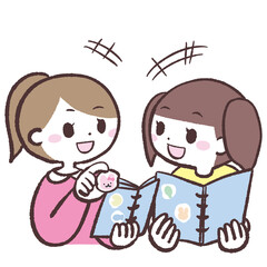 Obraz premium 楽しそうにシール交換する女の子のイラスト