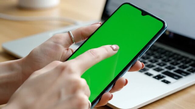 Close-up of a person's hands interacting with a smartphone featuring a green screen, with a laptop in the background.