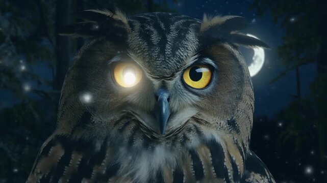 Owl Night Vision. Animal Adaptation (How Animals Survive). Sensory Adaptation. A close-up of an owl&rsquo;s large yellow eyes widening in the dark with a soft glowing light icon inside the pupil
