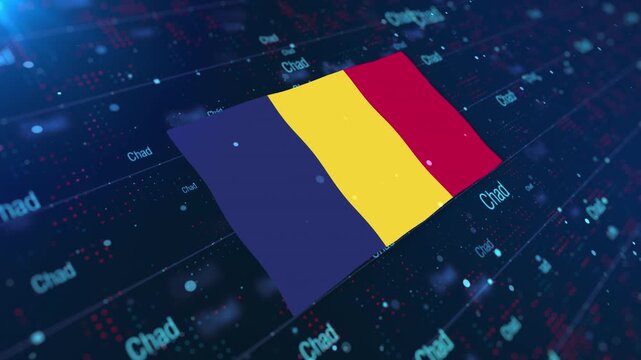 Chad Flag Waving on Abstract Digital Background with Glowing Elements