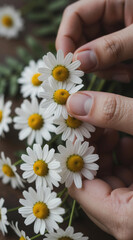Hand holding daisy flowers bunch, chamomile picking close-up, white wildflowers bouquet, floral arrangement macro