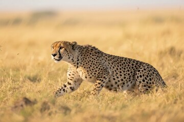 Fototapeta premium Cheetah walking through dry grassland in natural habitat