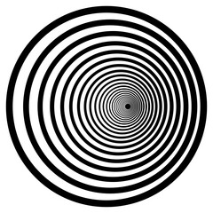 Obraz premium Abstract optical illusion vector pattern. Asymmetrical black concentric circles creating a deep 3D tunnel effect. Hypnotic eccentric op art vortex isolated on transparent background