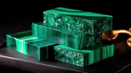 Fototapeta premium Stack of Polished Malachite Pieces Displaying Vibrant Green Hues and Natural Textures