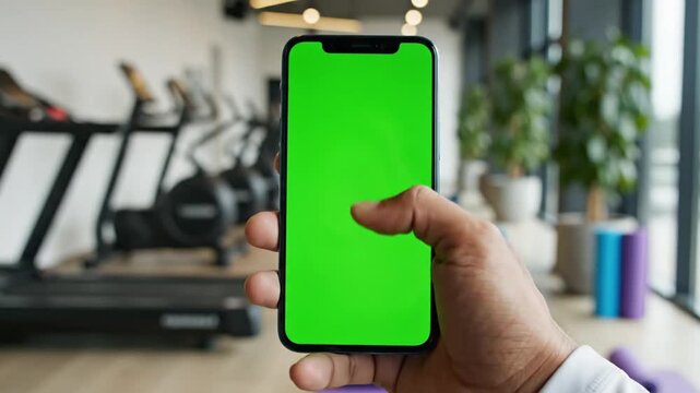Person holding a smartphone with a green screen in a gym, ready for content insertion.