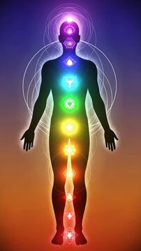 Human silhouette displaying energy flow and activated spiritual chakras in dynamic ethereal motion footage