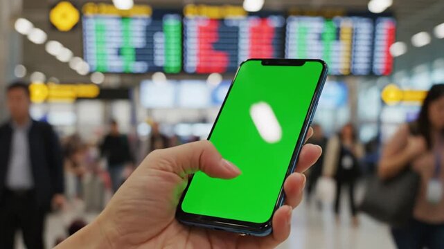 Close-up of a hand holding a smartphone with a green screen in an airport terminal with a blurred flight information board in the background.