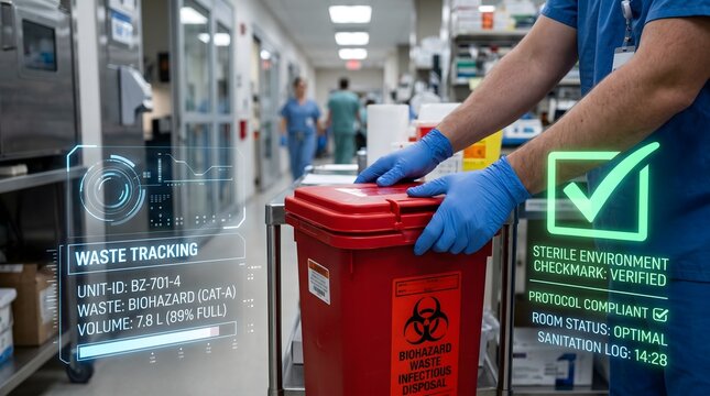 Medical waste disposal with digital tracking system in a hospital setting, showcasing biohazard safety protocols