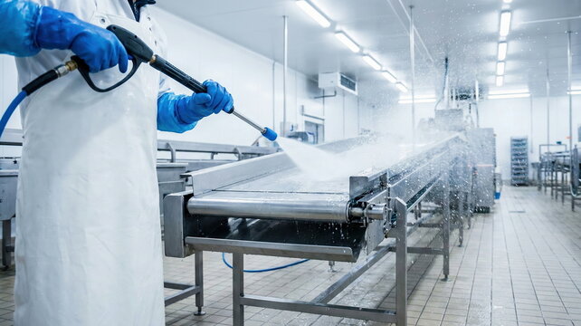 Worker using a high-pressure washer to clean a stainless steel conveyor belt in a sterile food processing factory, ensuring industrial hygiene.